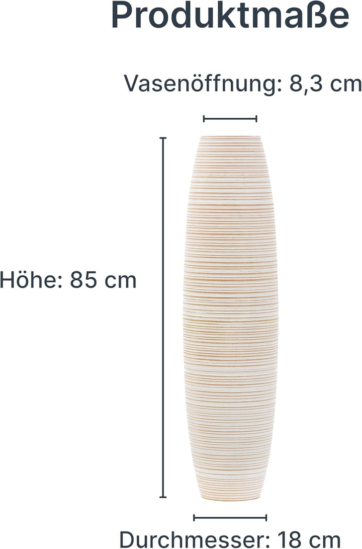 Leewadee Grosse Bodenvase für Dekozweige hohe Standvase Design Holzvase, Holz, 70 cm, White Wash 70