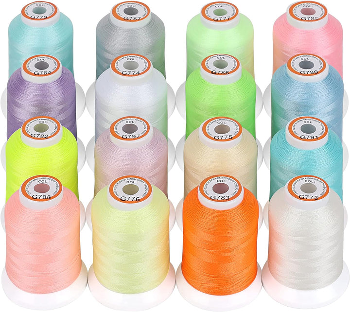 New brothread 16 Farben Leuchtend Leuchten im Dunkeln Maschinenstickgarn Set 30WT 500M (550Y) Jede S