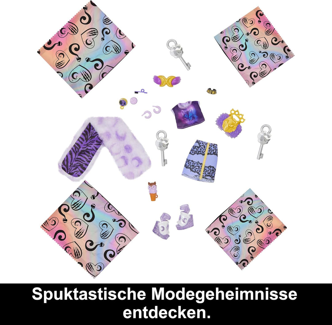 Monster High-Puppe und Outfits, Clawdeen Wolf, Skulltimate Secrets: Fearidescent-Serie, Spind mit üb