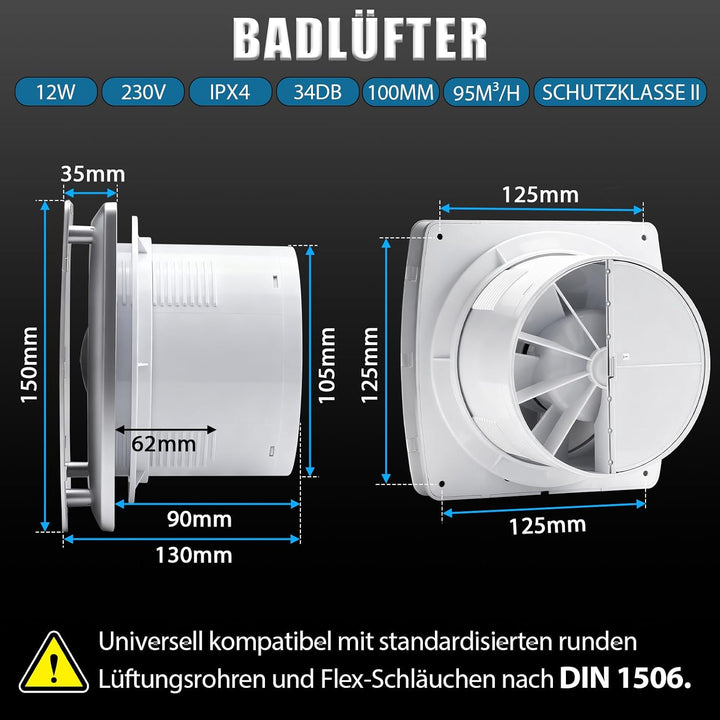 Leiser 100mm Badlüfter mit Rücklaufklappe, Feuchtigkeitssensor &amp; Timing | Energieeffizient Lüfter Wa