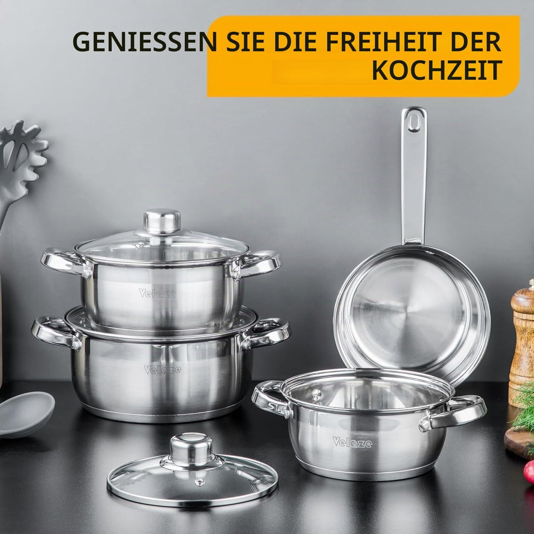 Velaze Töpfe Set, 7-teilig Kochtopf Set aus Edelstahl, Topf Induktion mit Glasdeckeln, PFOA frei, Kl