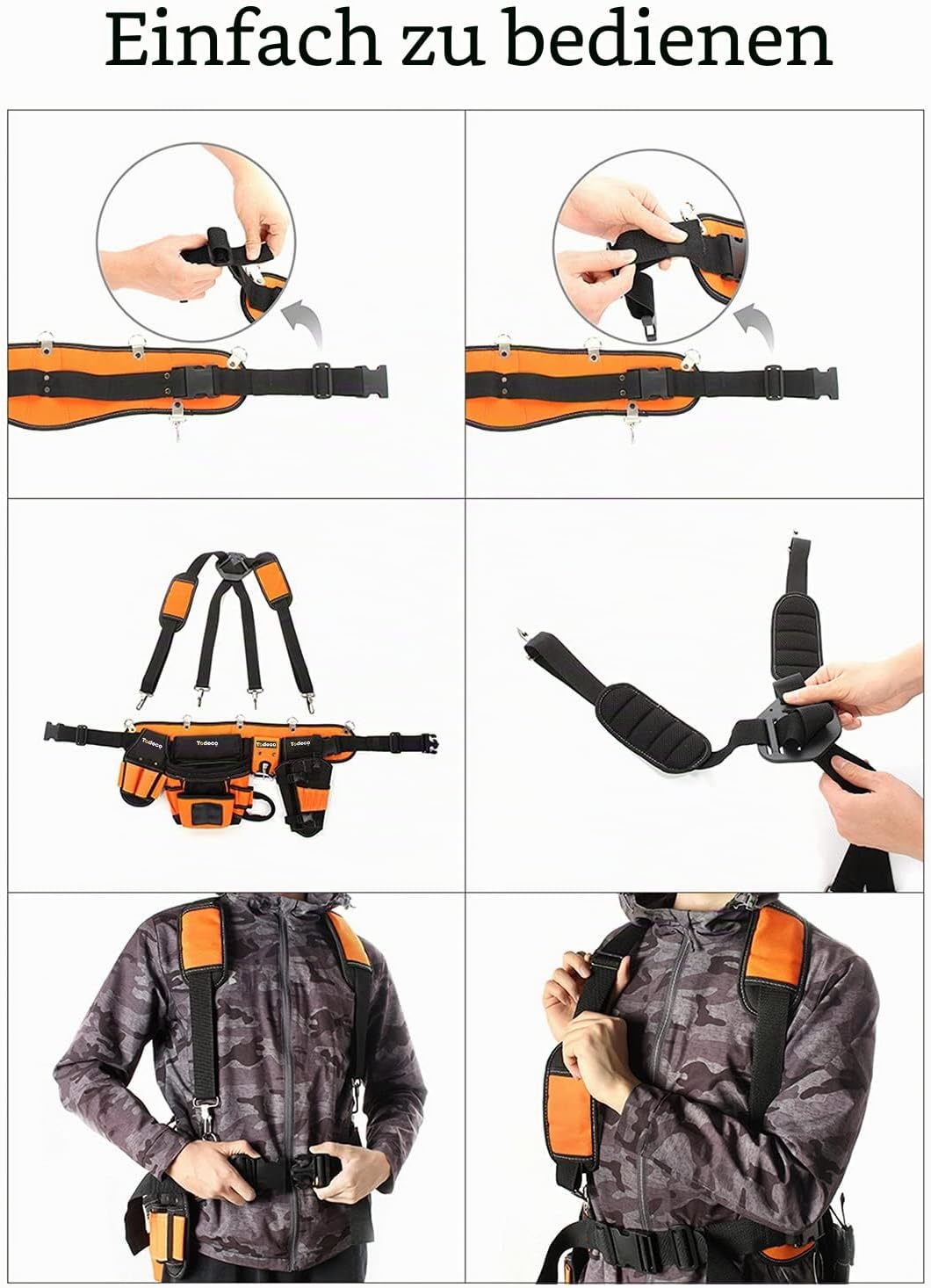 Todeco Werkzeuggürtel Herren, Arbeitsgürtel mit Hosenträgergurt, Werkzeugtasche mit verstellbarem Gü
