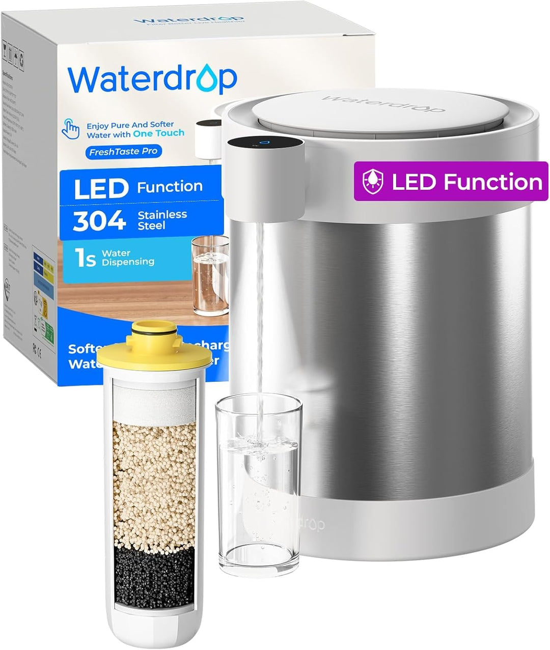 Waterdrop Edelstahl Wiederaufladbarer Wasserfilterspender mit LED Funktion, WD-ED09W 5,3L 3 Monate W