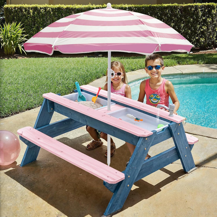 Kids 3-in-1 Sand- und Wasser-Aktivitätstisch, Holz, Outdoor, wandelbarer Picknicktisch mit Regenschi