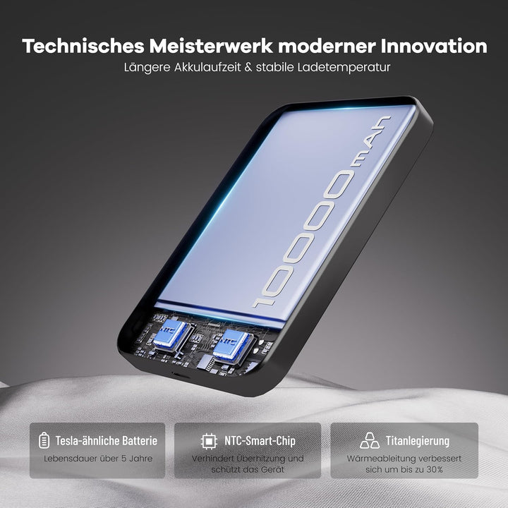 Magnetische Powerbank, 10000 mAh, 14 mm, ultradünnes Titan-Design, PD20W, kabelloses tragbares Ladeg
