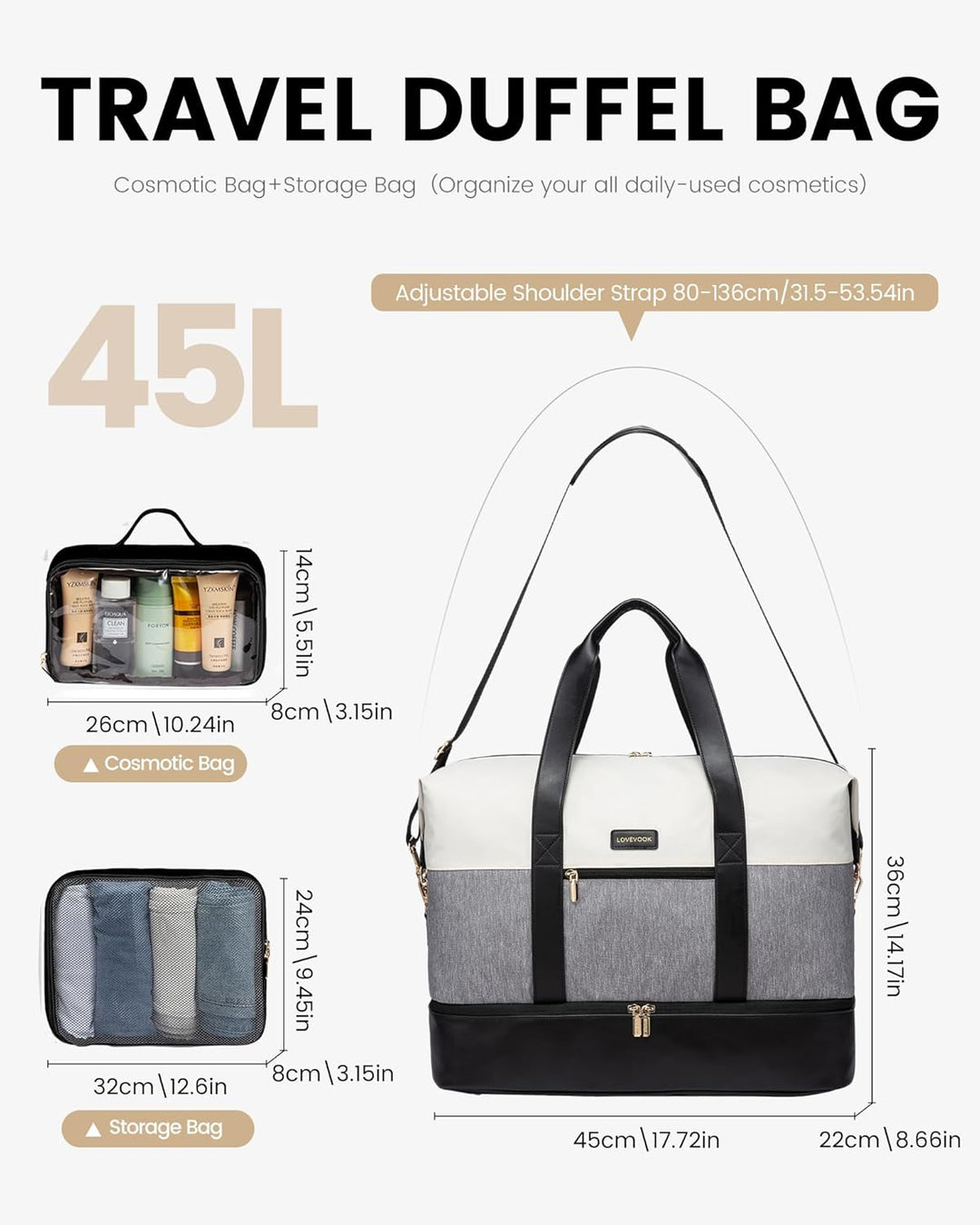 LOVEVOOK Reisetasche Sporttasche Damen, Leichte 45L Weekender Travel Bag, Kliniktasche Geburt mit Ku
