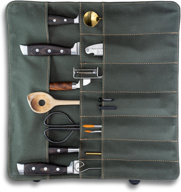 Angus Stoke Messertasche für Kochmesser aus Büffelleder | 14-Fächer Leder-Messerrolle für Köche – Me