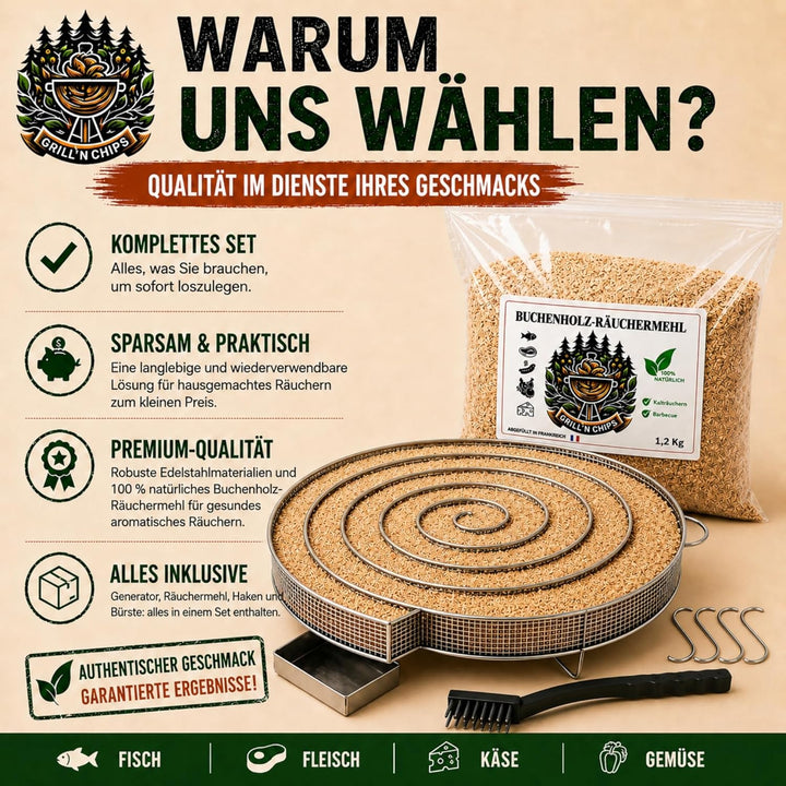 Kaltrauchgenerator (30 cm)/Räucherschnecke für Räucherofen Fleisch und Fisch + 1,3 kg Räuchermehl Bu