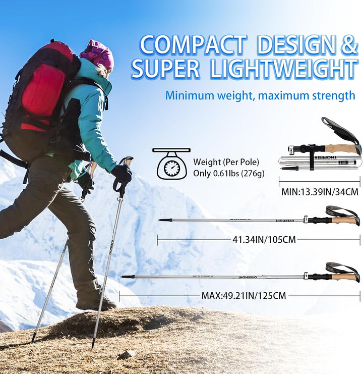 Overmont Wanderstöcke Faltbar Aluminium Ultraleicht - Verstellbar 105-125 cm Trekkingstöcke - Nordic