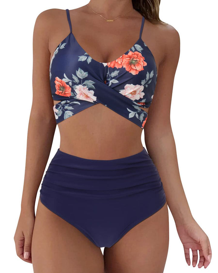 RXRXCOCO Damen Wickel Push Up Bikini Oberteil mit Bauchweg High Waist Bikini Set Bademode M Blume Bl