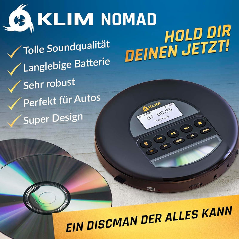 KLIM Nomad CD Player Bluetooth - Tragbarer CD-Player Discman mit langlebigem Akku - Inklusive Kopfhö