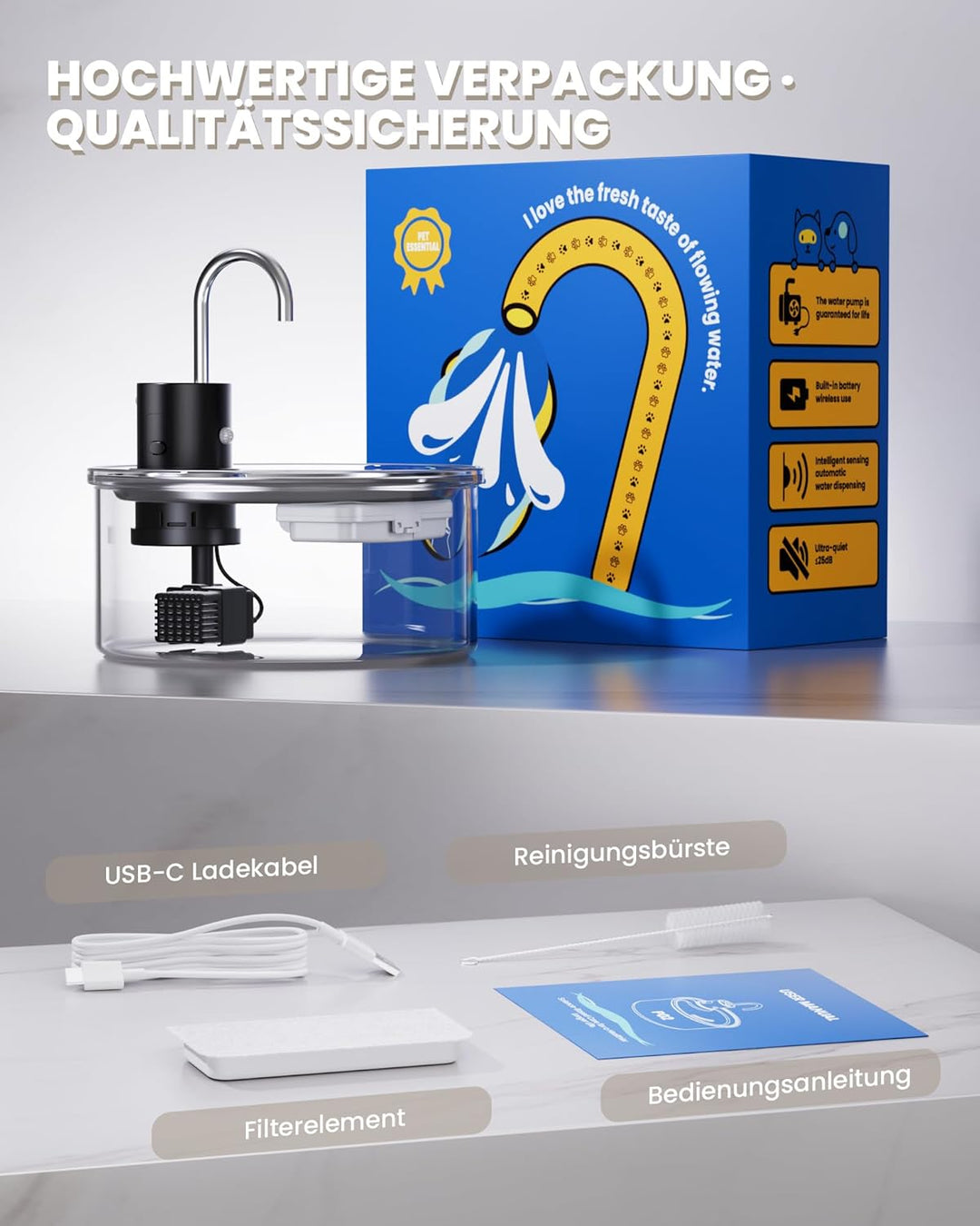 Tomxcute Trinkbrunnen für Katze Kabellos 3,2L, Katzenbrunnen Glas mit Bewegungsmelder, 5000mAh Wiede