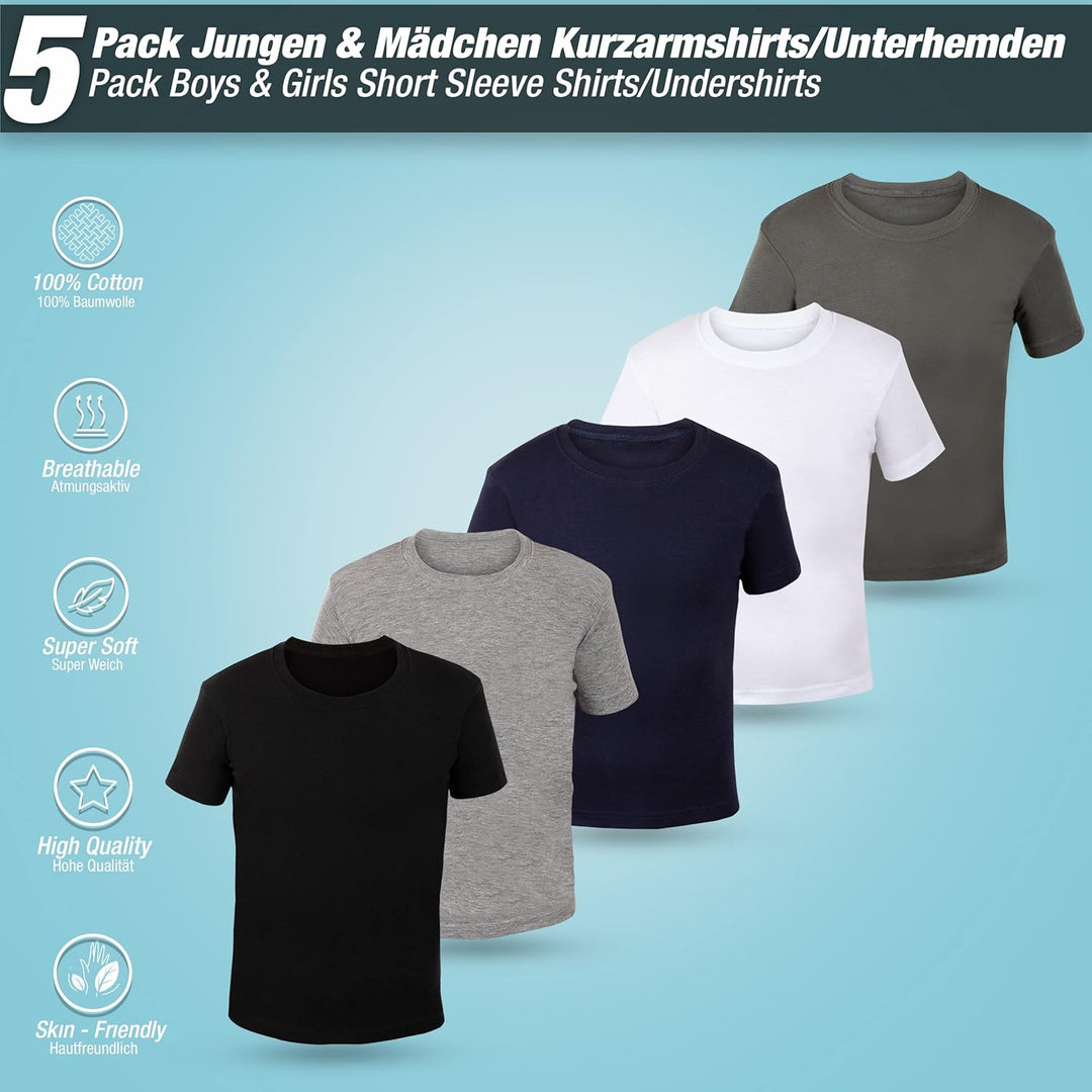 LOREZA ® 5er Pack Kinder Jungen Mädchen Unterhemd Kurzarm T-Shirt 100% Baumwolle Feinripp Unisex 104