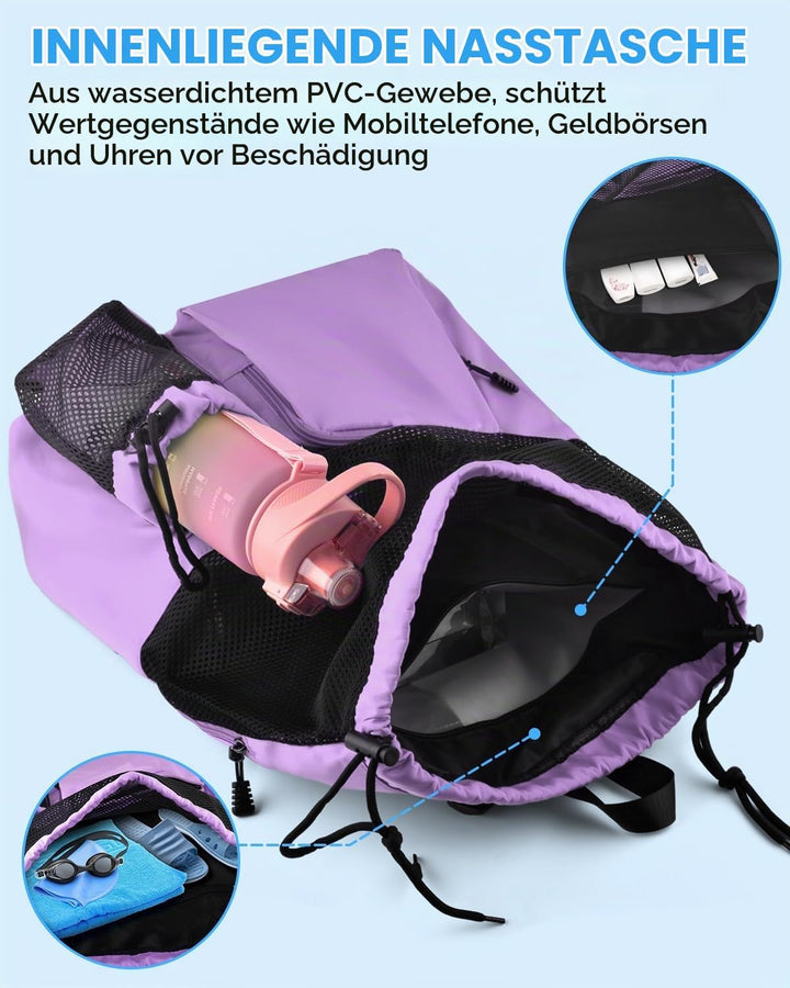 BROTOU Schwimmen Tasche, Schwimmtasche Mesh-Rucksack mit Kordelzug, Strandrucksack Turnbeutel Sportb