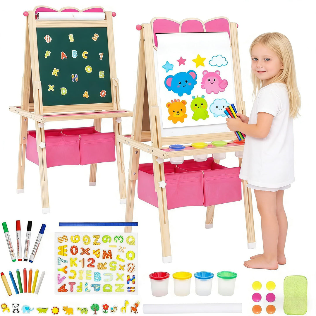 Siairo Kinder Spiel-Tafel aus Holz Höhenverstellbar Kinder Staffelei mit Papierrolle Schöne Schleife