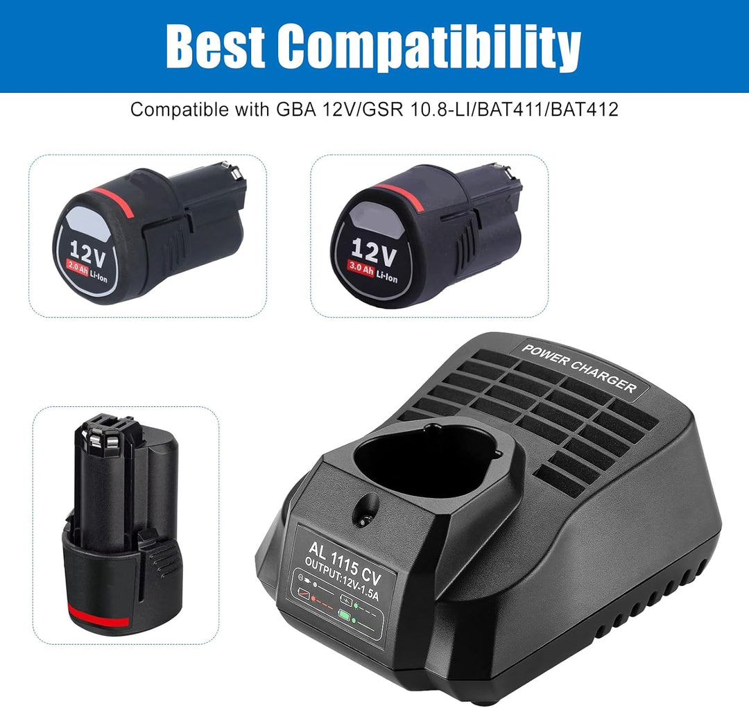 Ersatzladegerät für Bosch Ladegerät 12V AL1115CV Kompatibel mit Bosch 10.8V-12V BAT411 BAT412 BAT413