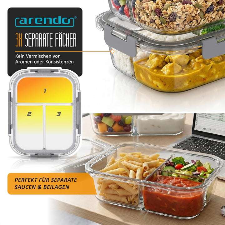 Arendo - Lunchboxen Glas - 3 Fächer - Frischhaltedosen für Lebensmittel mit Deckel luftdicht - 2er S