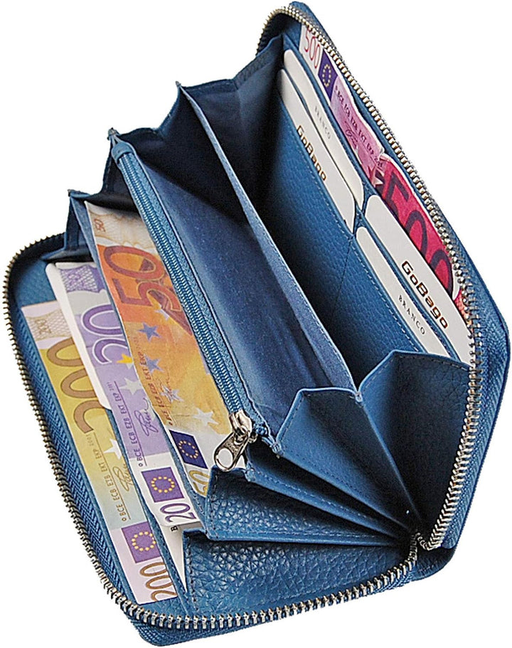 GoBago Damen Geldbörse Leder Portemonnaie Geldbeutel Damenbörse mit RFID Schutz (Blau), Blau