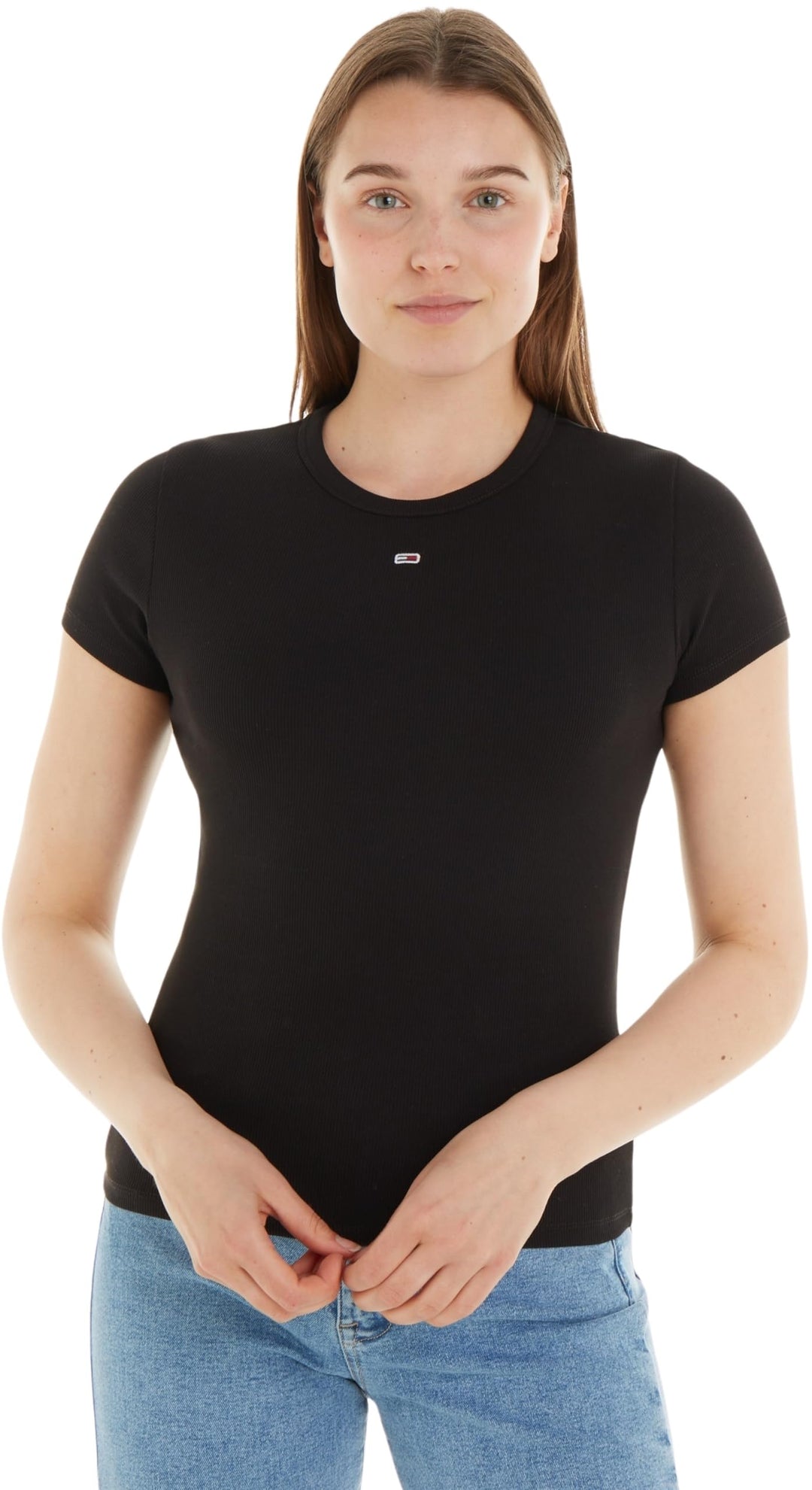 Tommy Jeans Damen Tjw Slim Essential Rib Ss S/S Strickoberteile L Schwarz, L Schwarz