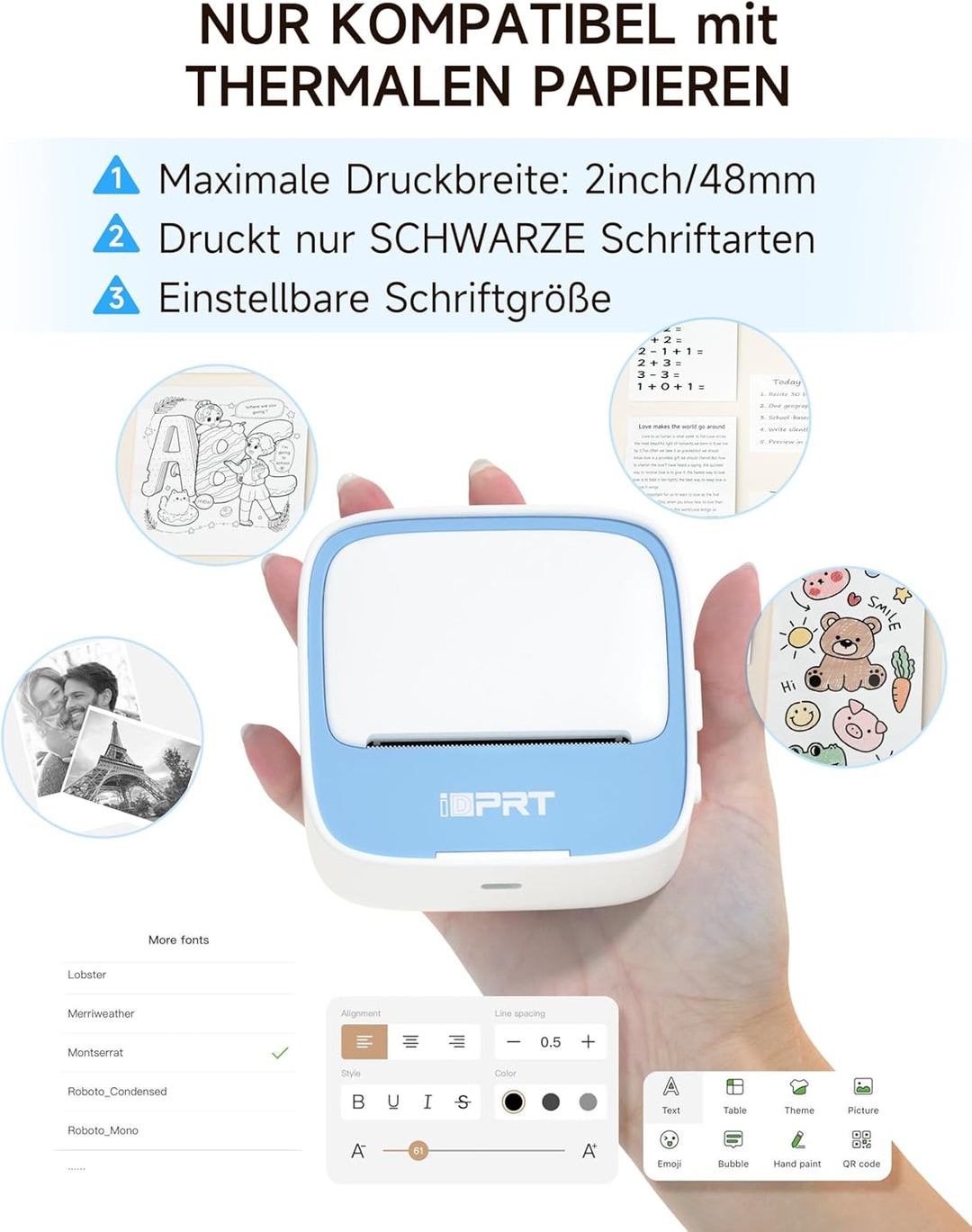 iDPRT Mini Tragbare Aufkleber Drucker，Bluetooth Thermodrucker für Studie Notizen Bilder DIY，Studienn