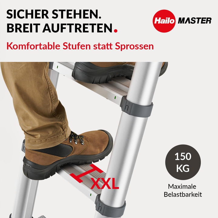 Hailo T100 FlexLine Sicherheits-Teleskopleiter - ausziehbare Leiter aus Aluminium mit bis zu 11 Stuf