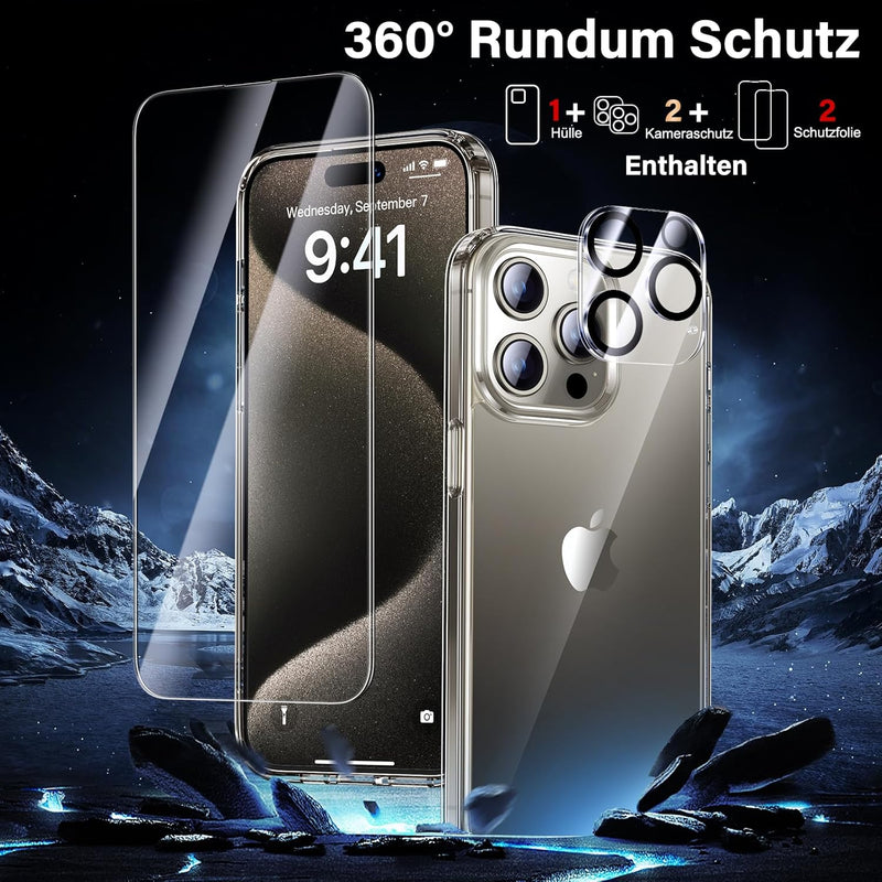 UniqueMe für iPhone 15 Pro Hülle, 5-in-1-Set Handyhülle für iPhone 15 Pro Case Rundumschutz Schutzhü