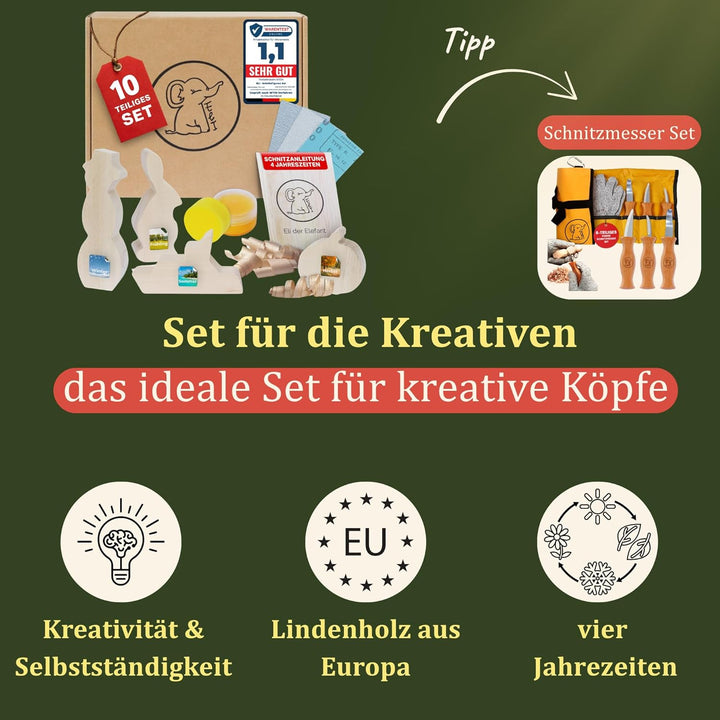 Eli® Lindenholz - Schnitzfiguren zum Schnitzen inkl. Schnitzanleitung für Kinder - Bastelset - Schni
