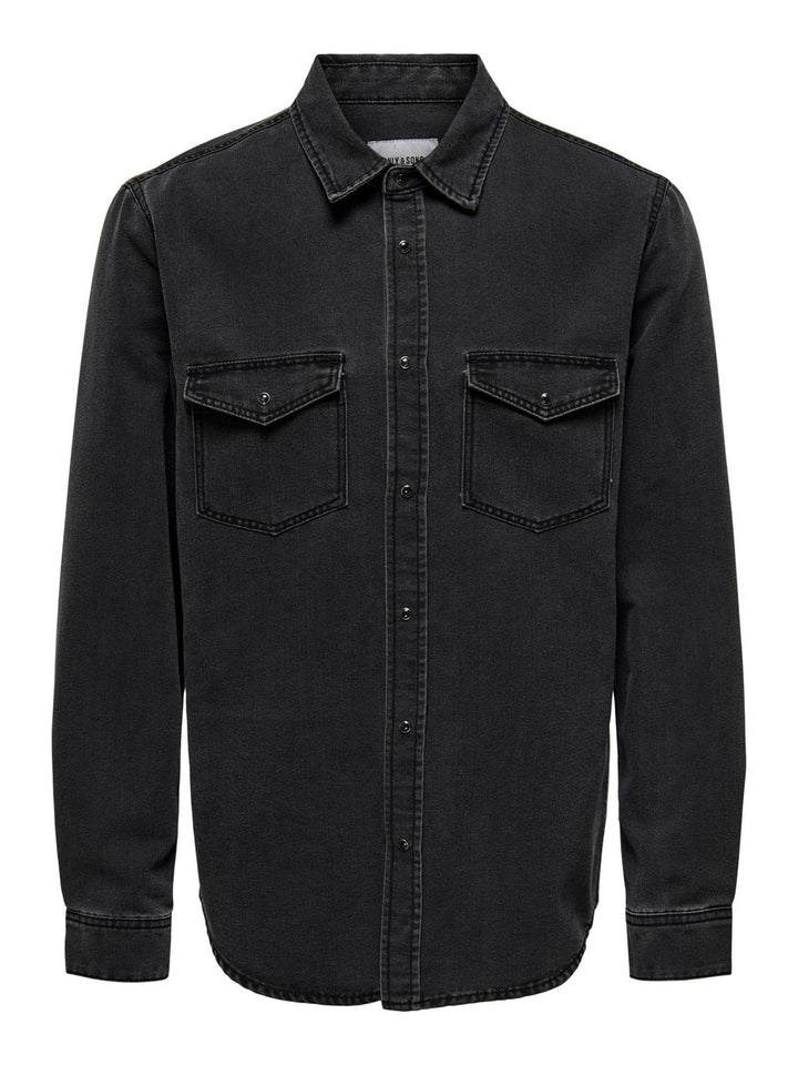 ONLY &amp; SONS Male Jeanshemd Normal geschnitten Hemdkragen Hemd XS Dark Grey Denim, XS Dark Grey Denim
