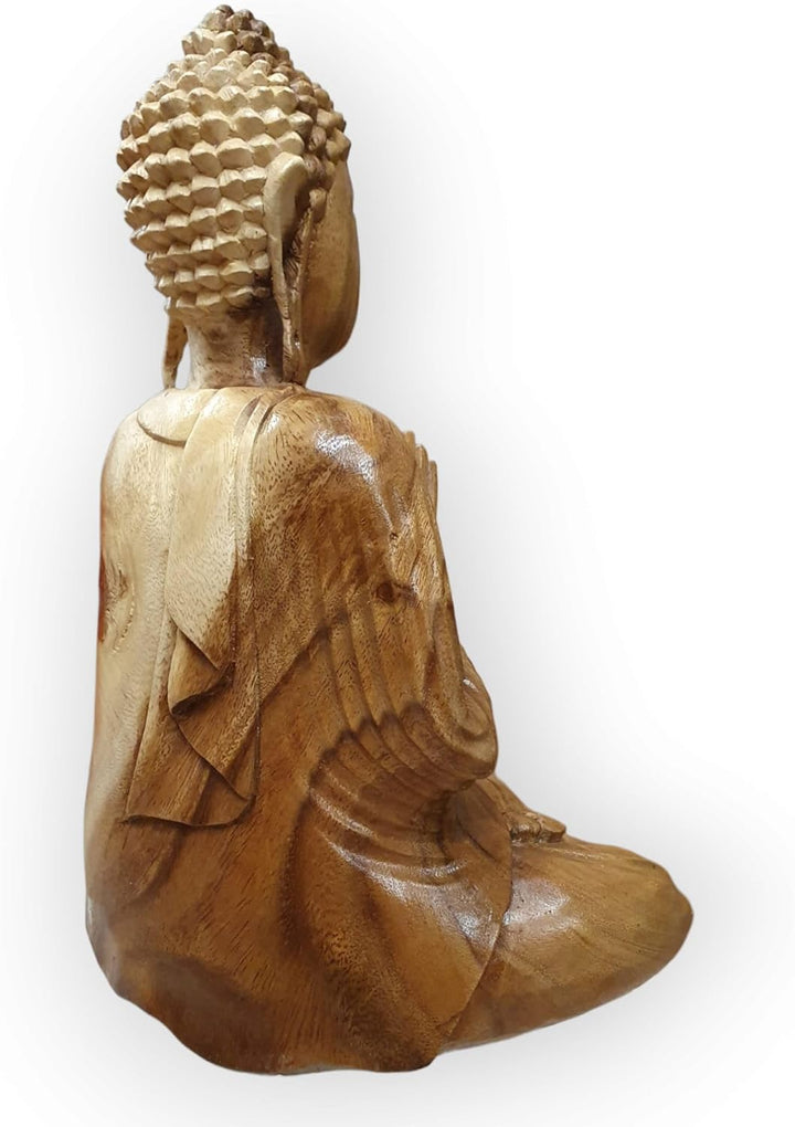 Kinaree Massivholz Buddha - Akazie Holz geschnitzter Buddha - 34cm Suar Skulptur, sitzender Buddha
