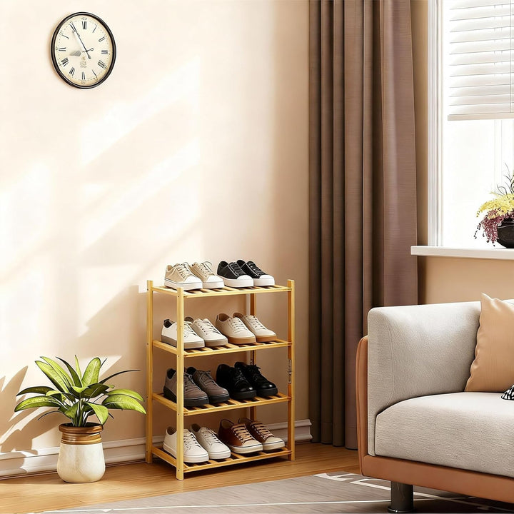 Kleines Schuhregal, Mehrzweck-Schuhregal mit 4 Ebenen, kleine Bambusregale für Schuhe, Pflanzen, Büc