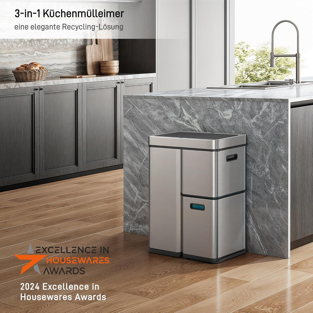 EKO Mirage Plus Mülltrennsystem mit 3 Fächer, 2 x 15 L und 30 L, Recycler Mülleimer mit Sensor, 3 Ku