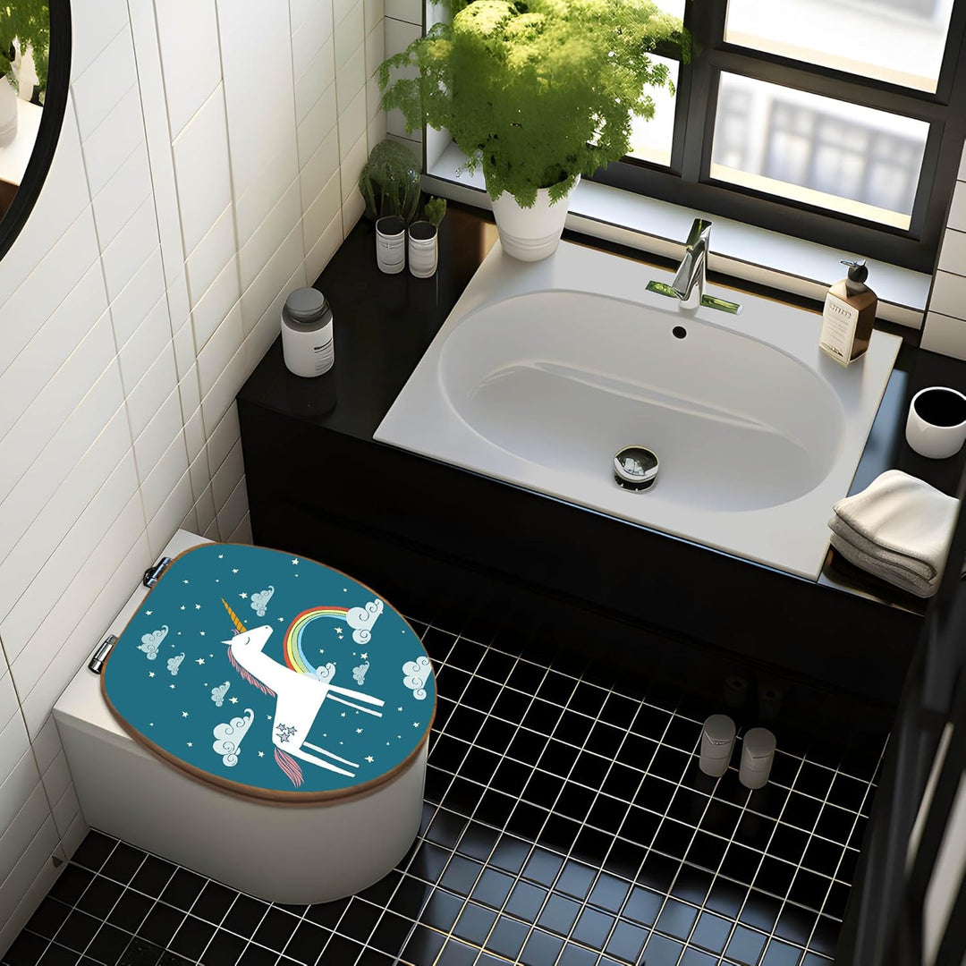 banjado® Design WC Sitz Bambus Absenkautomatik mit Motiv Einhorn/Toilettendeckel mit Absenkautomatik