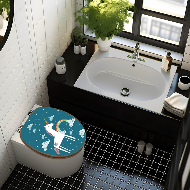 banjado® Design WC Sitz Bambus Absenkautomatik mit Motiv Einhorn/Toilettendeckel mit Absenkautomatik