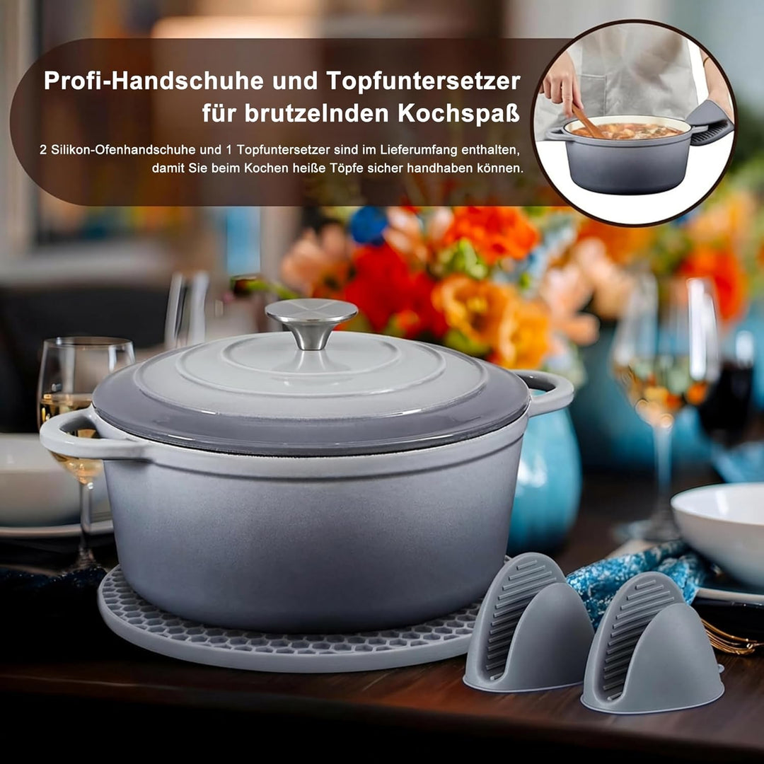 Nilpferd Gusseisen Topf Schmortopf 22cm Emaille Bräter mit Deckel Topflappen, Kasserollen Bratentopf