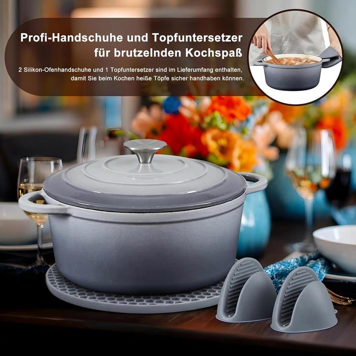 Nilpferd Gusseisen Topf Schmortopf 22cm Emaille Bräter mit Deckel Topflappen, Kasserollen Bratentopf