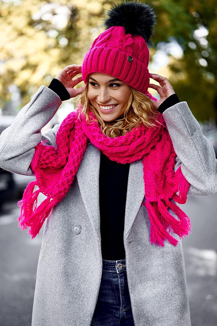 ELIMELI® Winter Mütze Damenmütze mit Fell-Bommel Fleece Innenfutter gefüttert - warme Damen Bommelmü