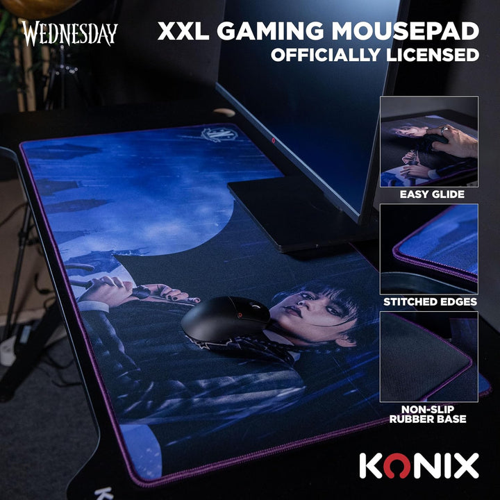Konix Wednesday Gaming-Mauspad XXL 90 x 46 cm - Rutschfeste Mikrofaservliesoberfläche - Gummi - Rege