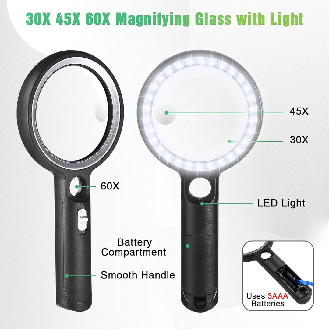 Lupe mit Licht mit 30 LED, 30X 45X 60X Leselupe mit Licht Gross, 30 Fach Vergrösserung Handlupe mit
