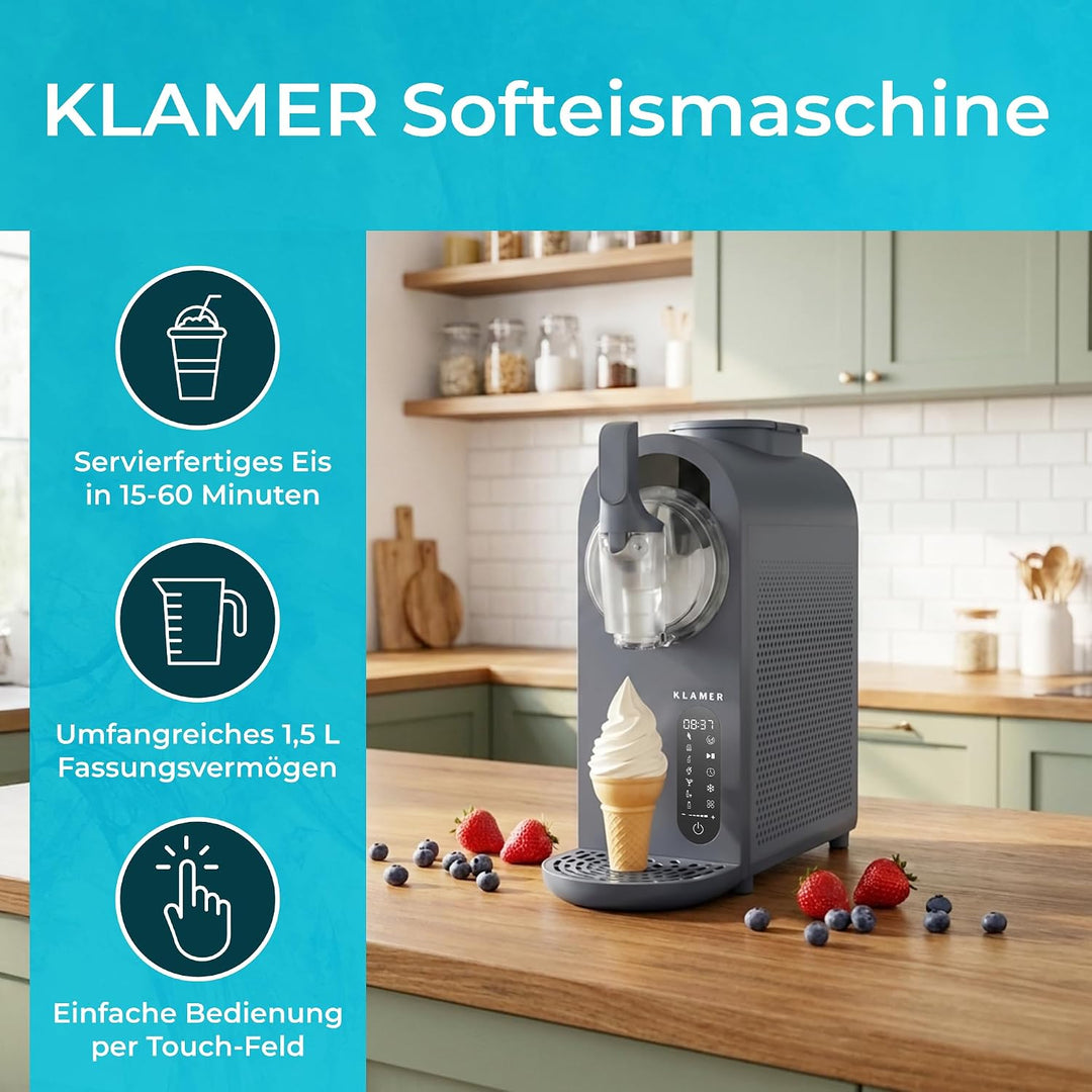 KLAMER Softeismaschine, Eismaschine & Slush Maschine mit 7 Programmen: Softeis, Slushie, Frappé uvm,