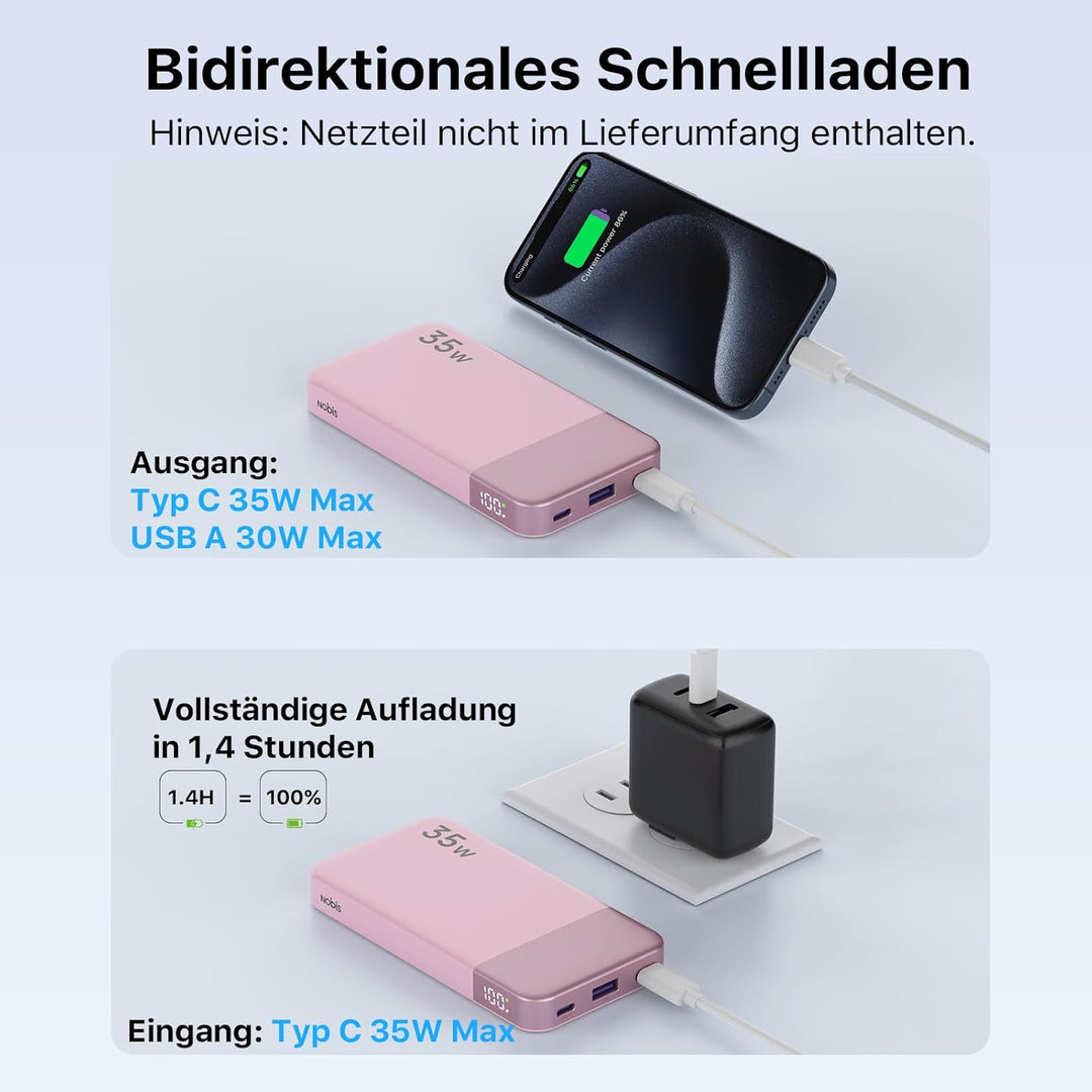 NOBIS Power Bank 35W 10000 mAh Powerbank – Schnellladung mit 2 USB-C EIN- & Ausgängen, 1 USB-A Ansch