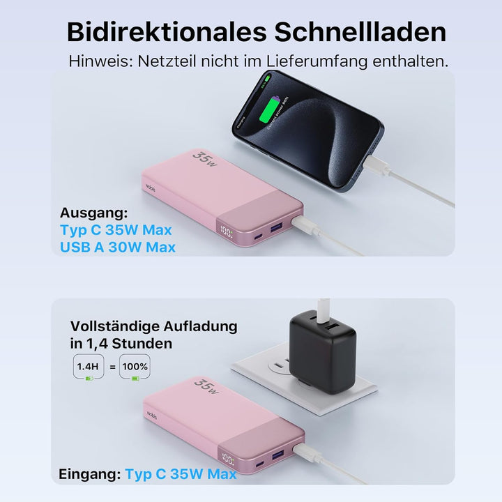NOBIS Power Bank 35W 10000 mAh Powerbank – Schnellladung mit 2 USB-C EIN- & Ausgängen, 1 USB-A Ansch