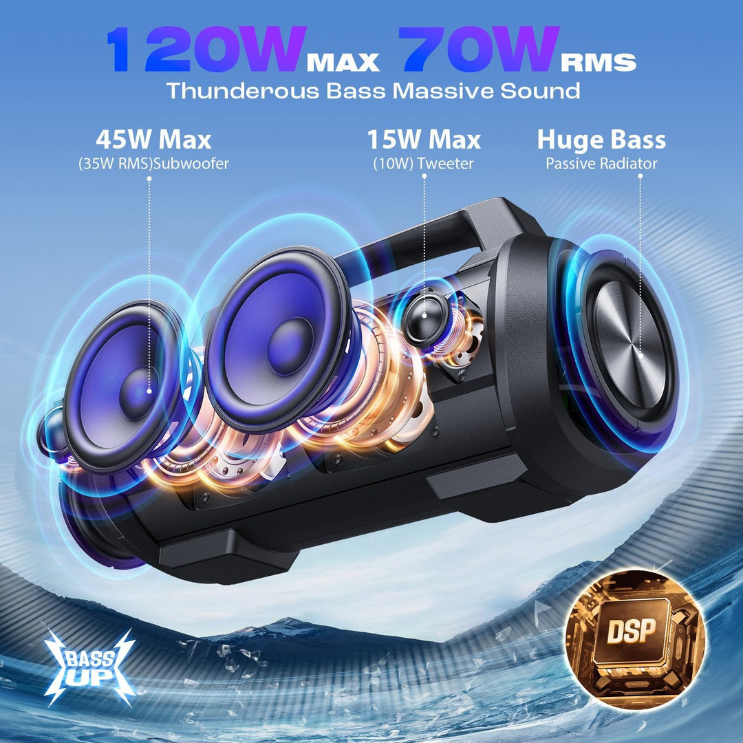 70W (100W Peak) Bluetooth Lautsprecher, W-KING Musikbox Bluetooth Box Gross Boombox Bass Boost, Part