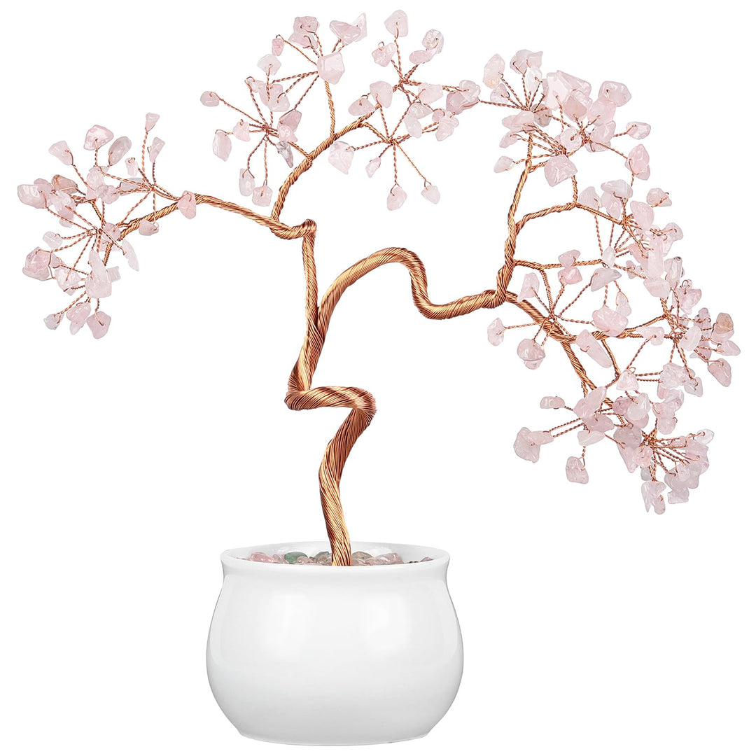 Nupuyai Rosenquarz Kristall Baum Feng Shui Edelstein Baum mit Keramische Basis, Glücksbaum, Geldbaum