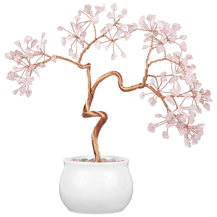 Nupuyai Rosenquarz Kristall Baum Feng Shui Edelstein Baum mit Keramische Basis, Glücksbaum, Geldbaum