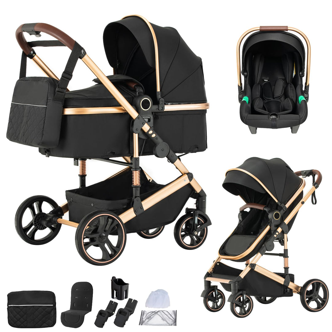 BEBBY Kinderwagen 3 in 1,Kinderwagen Buggy Mit Babyschale,Mit Höhenverstellbarer buggy Komplettset F