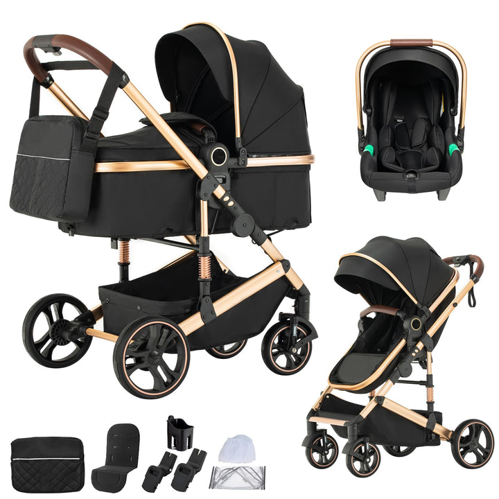 BEBBY Kinderwagen 3 in 1,Kinderwagen Buggy Mit Babyschale,Mit Höhenverstellbarer buggy Komplettset F