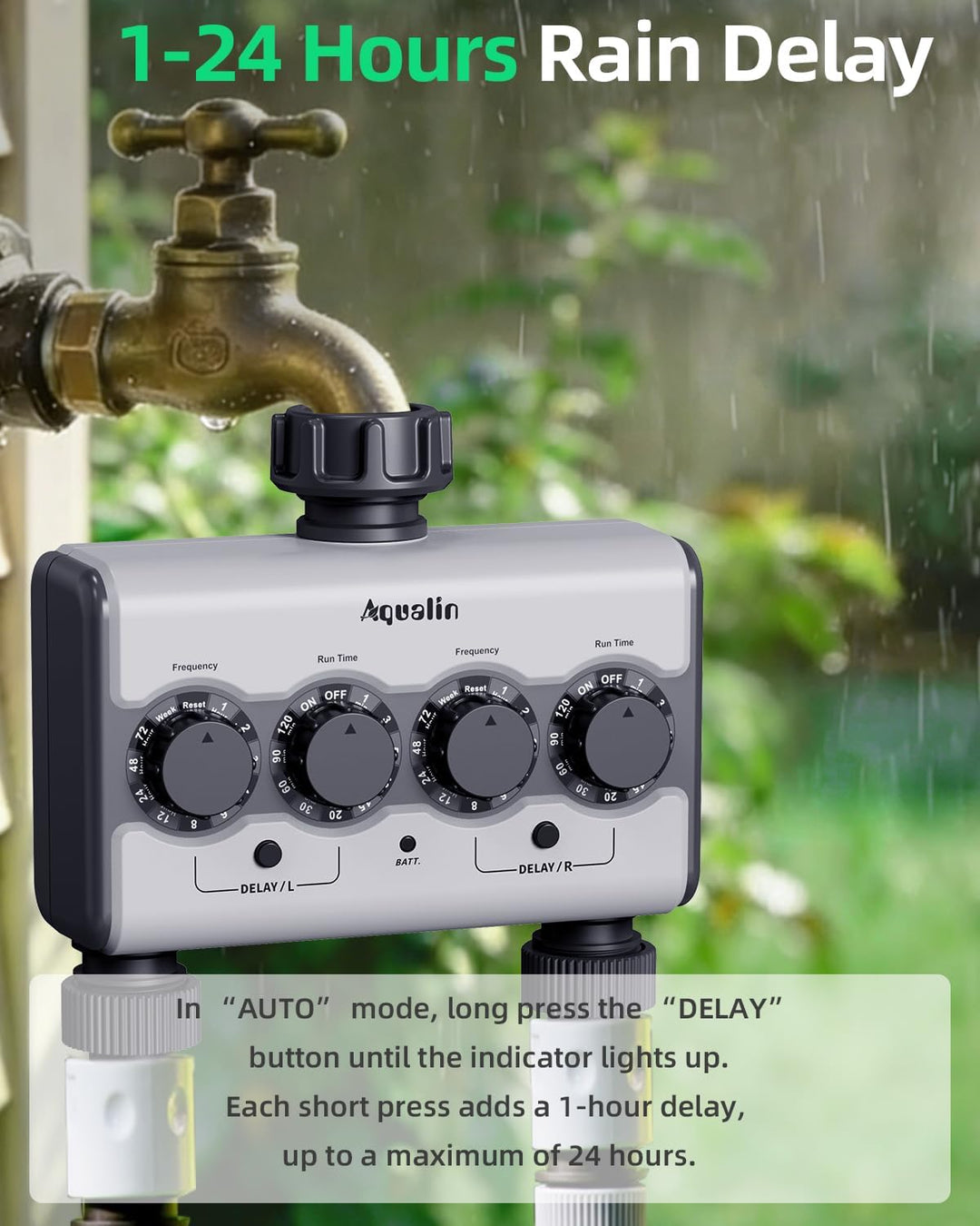 Dual Wasserzeitschalter mit Messing-Anschluss – 2 Ausgänge, Programmierbar, Verzögerung & Regensenso