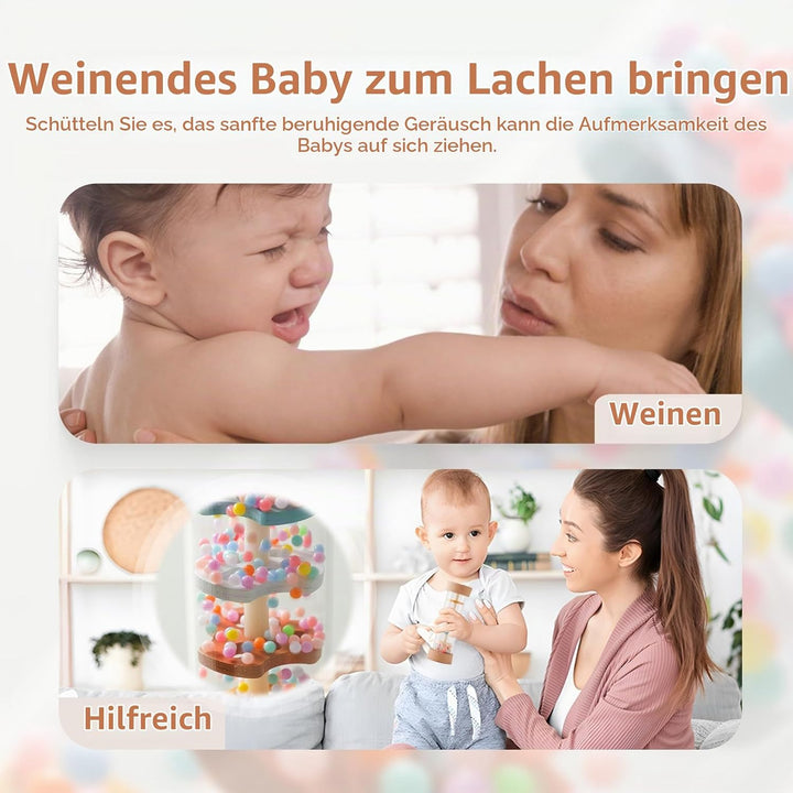 WOODEN TEETHER Regenmacher Rassel Baby – Holz Musikspielzeug mit Beruhigendem Regenklang, Sensorisch