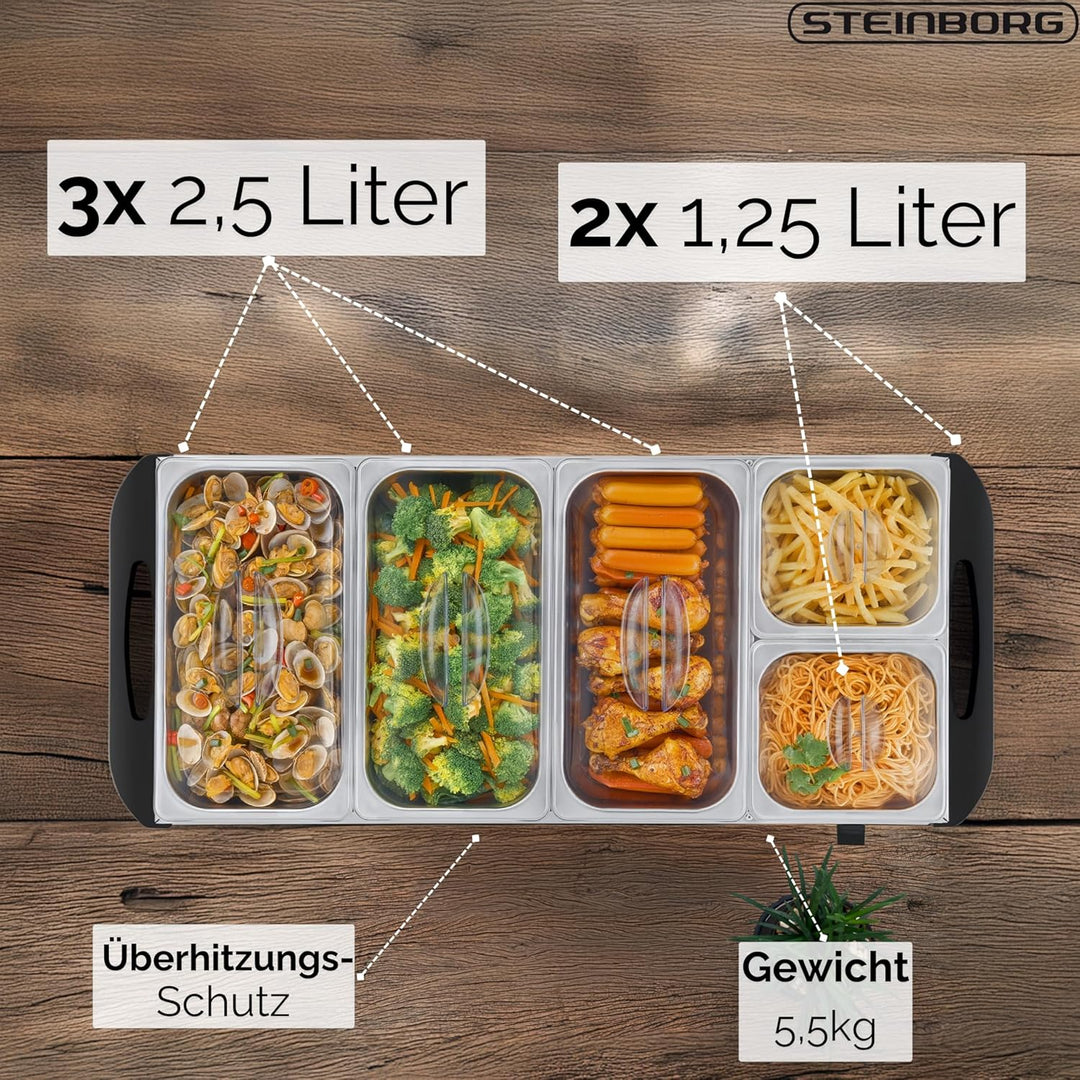 Steinborg® Buffetwärmer XXL elektrische Warmhalteplatte mit Deckel Speisewärmer 450 Watt 5 Speisebeh