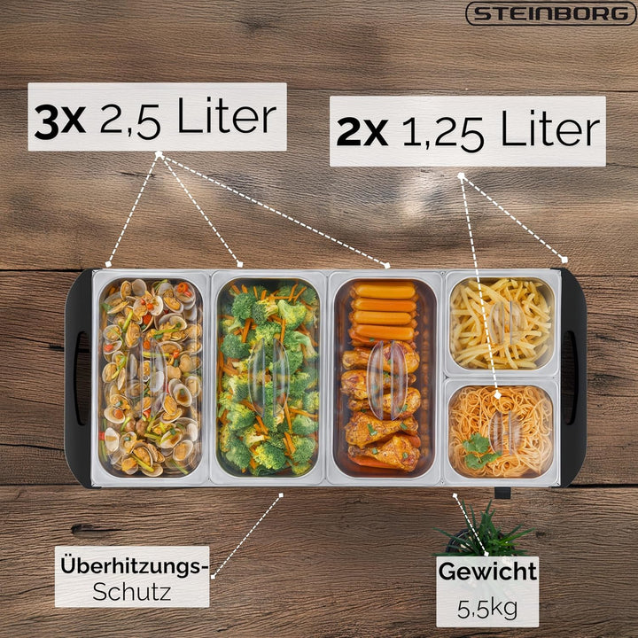 Steinborg® Buffetwärmer XXL elektrische Warmhalteplatte mit Deckel Speisewärmer 450 Watt 5 Speisebeh